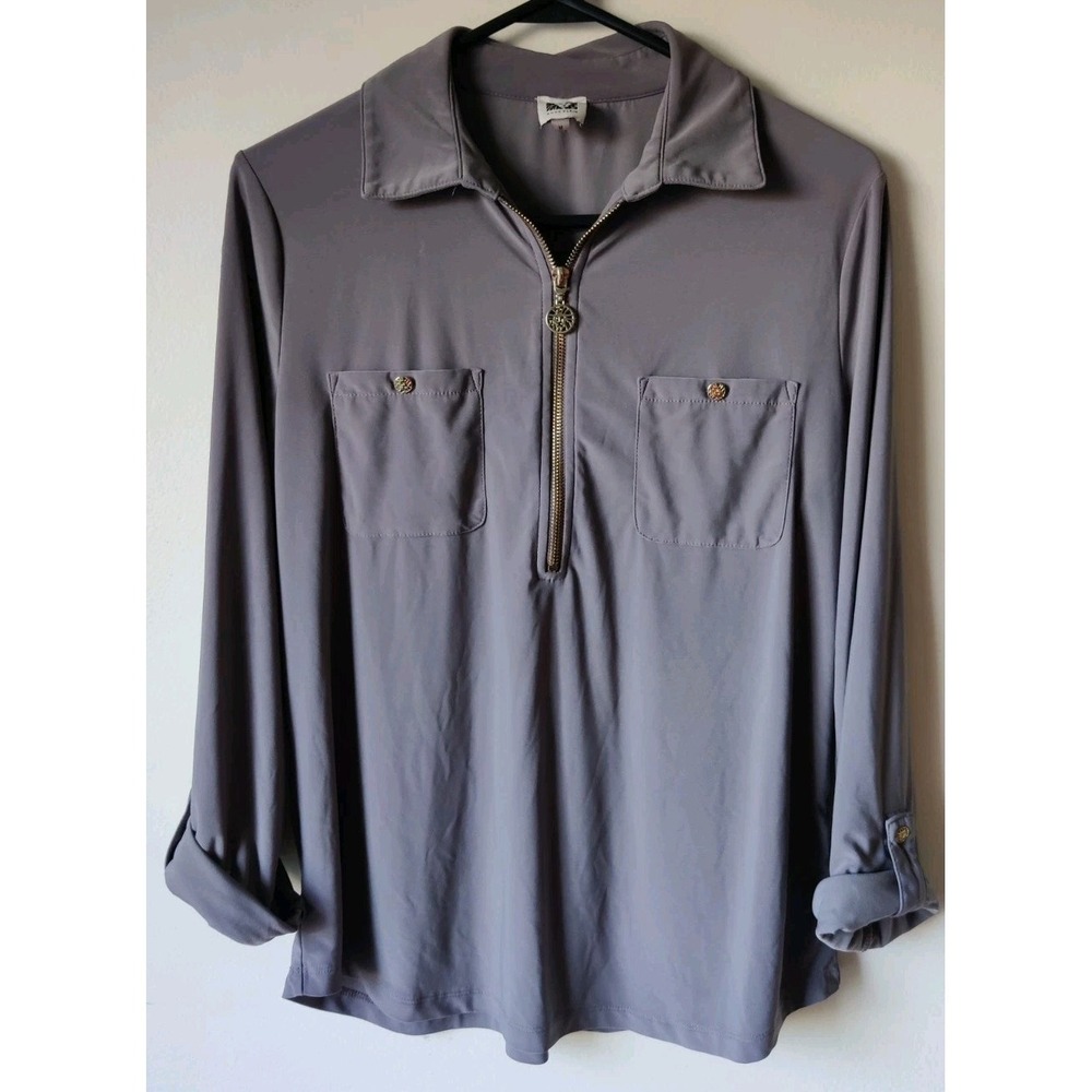 Anne Klein Grey 1/2 Zip Blouse Chest Pockets Gold Hardware Roll-Tab Sleeves Med